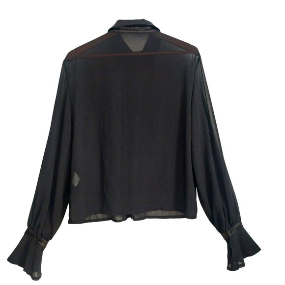 Black Chiffon Sheer Ruffle Sleeve Blouse 10 PLT Button Up Satin Trim Dressy EUC - Picture 5 of 10